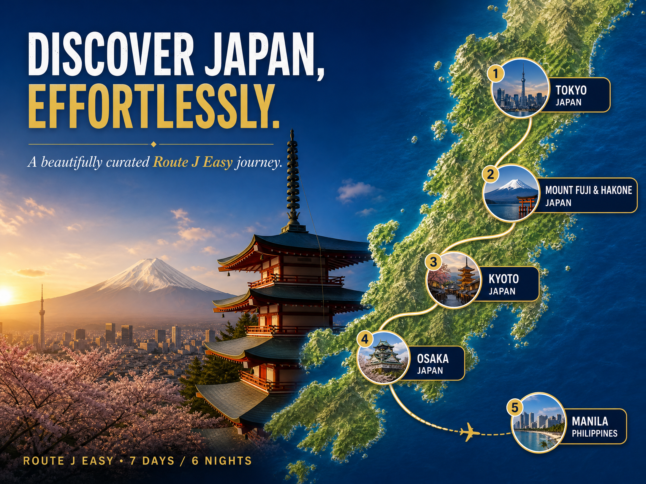 Route J Easy Japan itinerary map: Tokyo, Mount Fuji and Hakone, Kyoto, Osaka and Manila